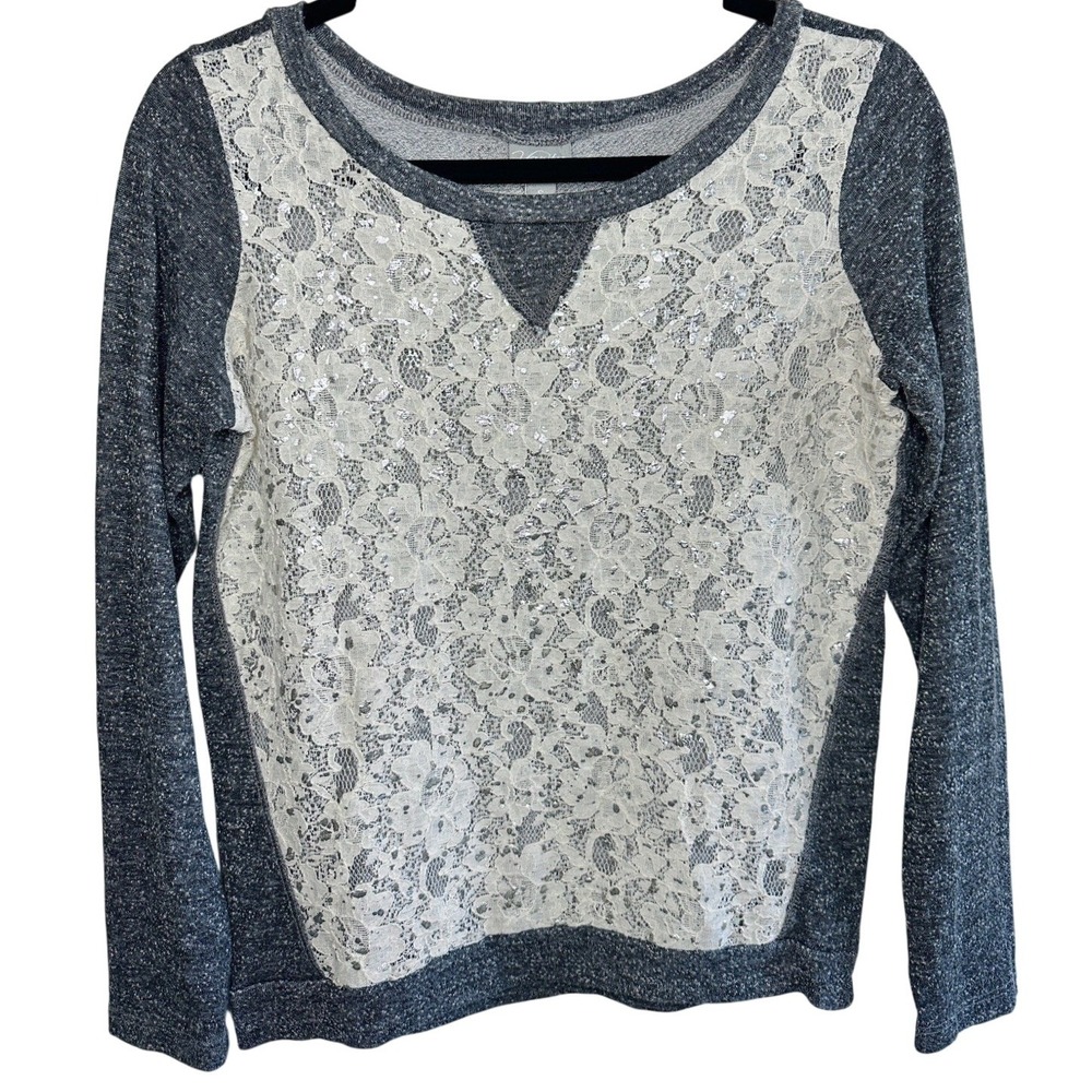 Vanity Grey Lace Knit Top Size S Long Sleeve Y2K‎ Indie Sleaze Dark Cottagecore